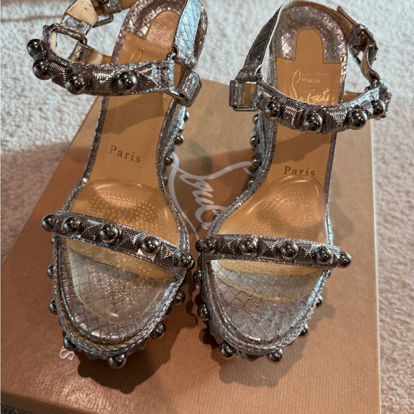 Christian Louboutin Metallic snakeskin Studded Wedge Sandals - Picture 2 of 6